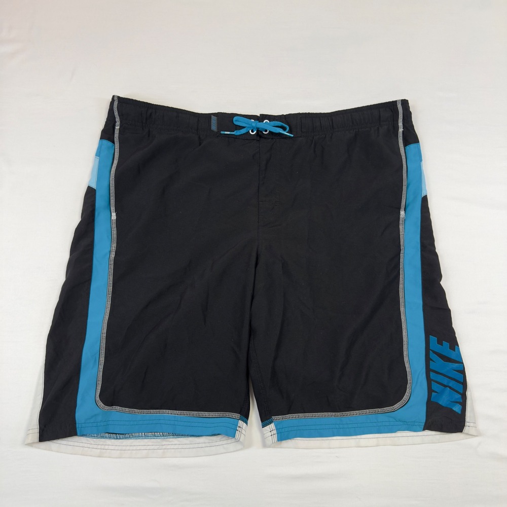 Nike Swim Mens XL Board Shorts Black Blue White Colorblock Mesh Lined Logo